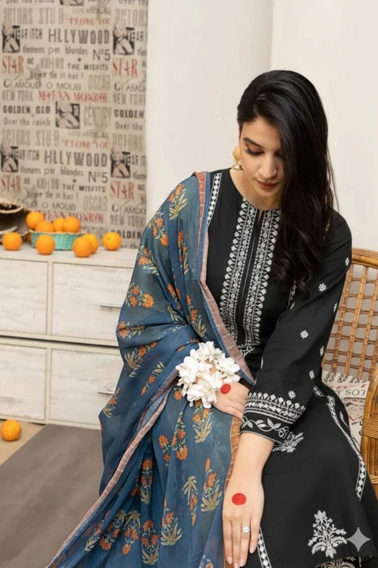 URGE - 3PC LAWN EMB SHIRT WITH MONARK PRINTED DUPATTA AND DYED TROUSER - EL120 BU