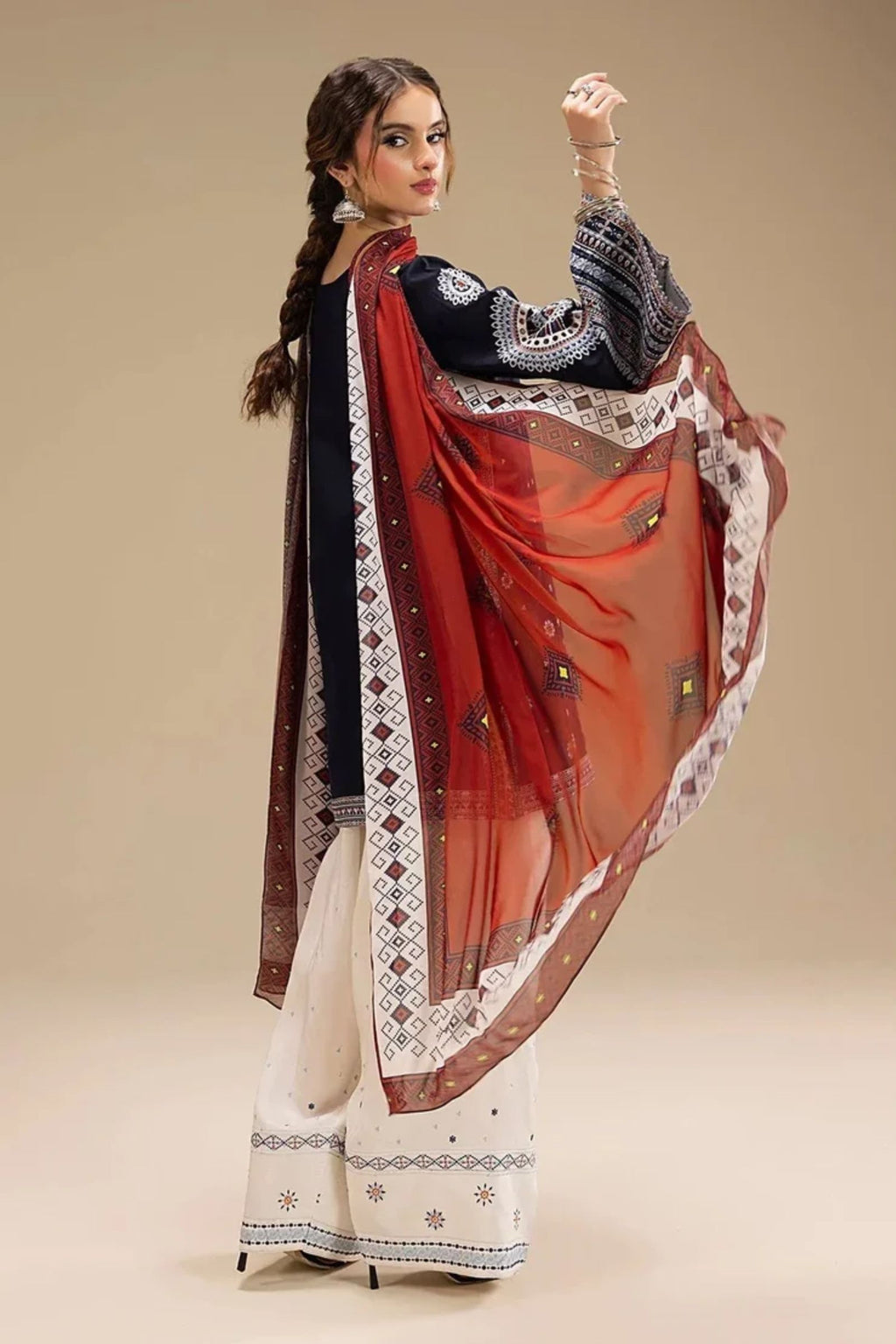 JAZMIN - 3PC LAWN EMB SHIRT WITH MONARK PRINTED DUPATTA AND DYED TROUSER - EL203