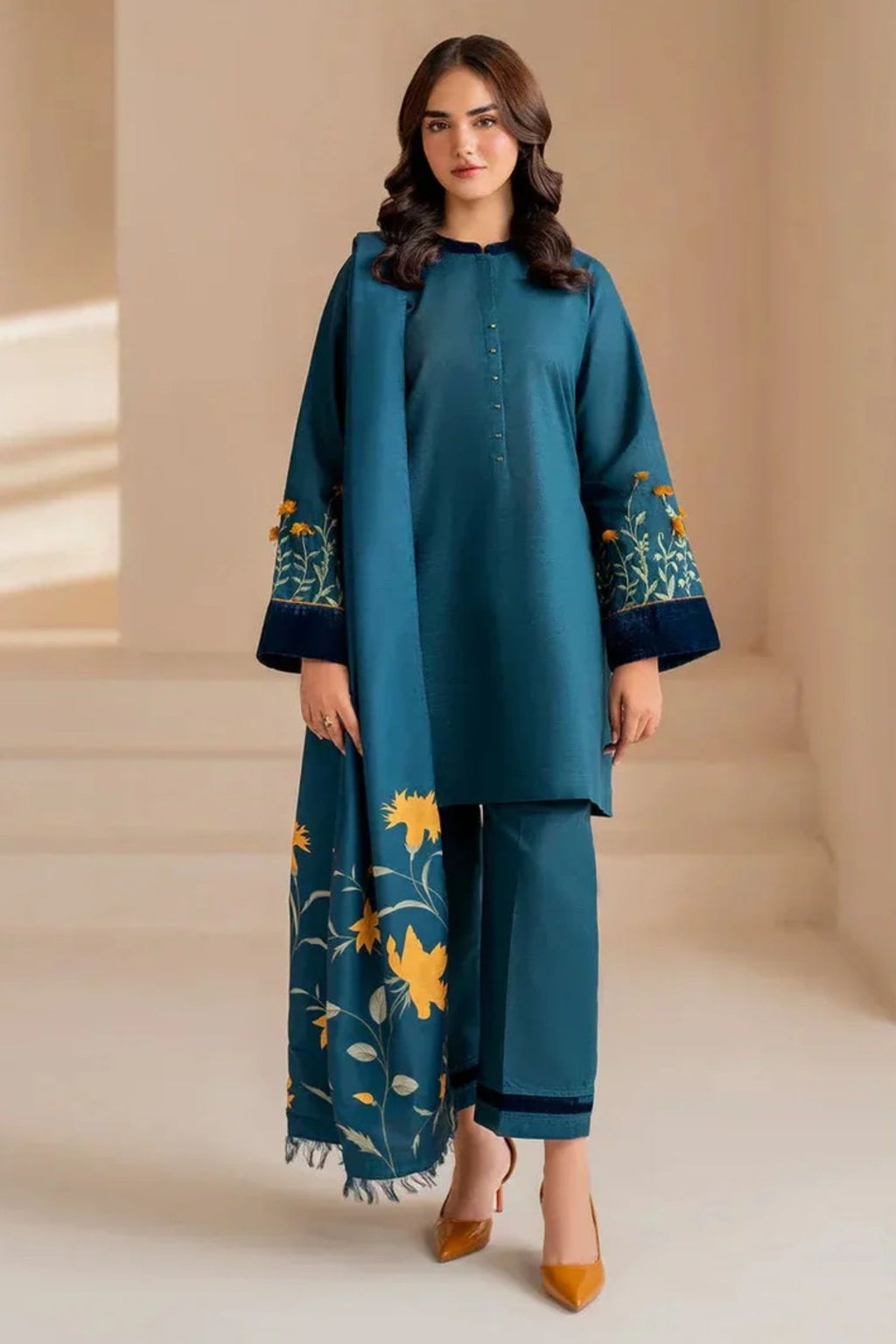 BAROQUE- 3PC LAWN EMBROIDERED SHIRT WITH LAWN DIGITAL PRINTED DUPATTA AND DYED TROUSER - EL110