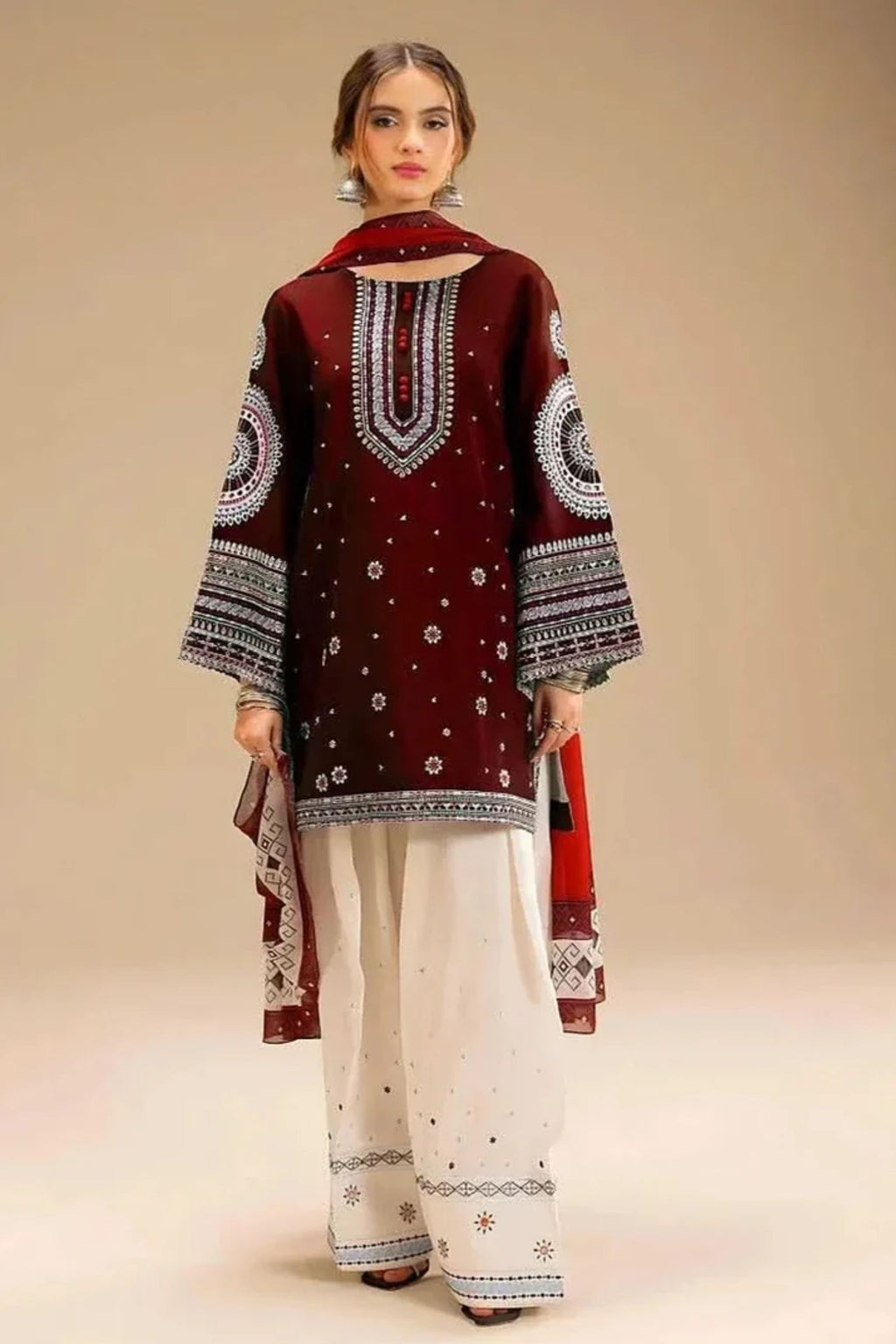 JAZMIN - 3PC LAWN EMB SHIRT WITH MONARK PRINTED DUPATTA AND DYED TROUSER - EL203