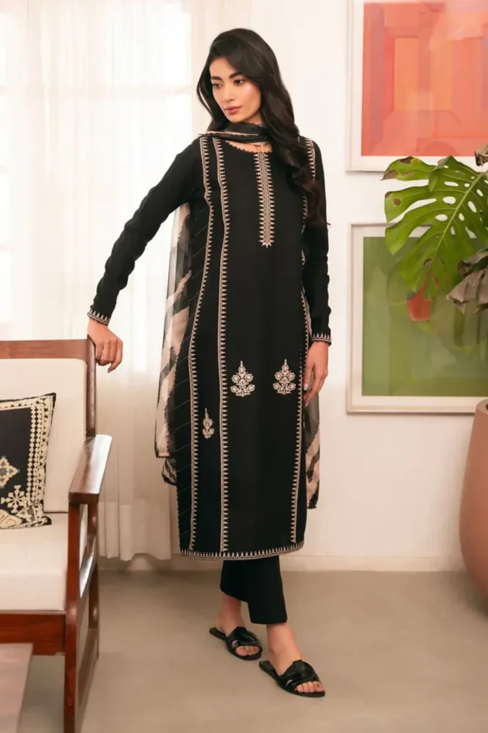 MAHAMIRA- 3PC LAWN EMB SHIRT WITH MONARK PRINTED DUPATTA AND DYED TROUSER - EL215