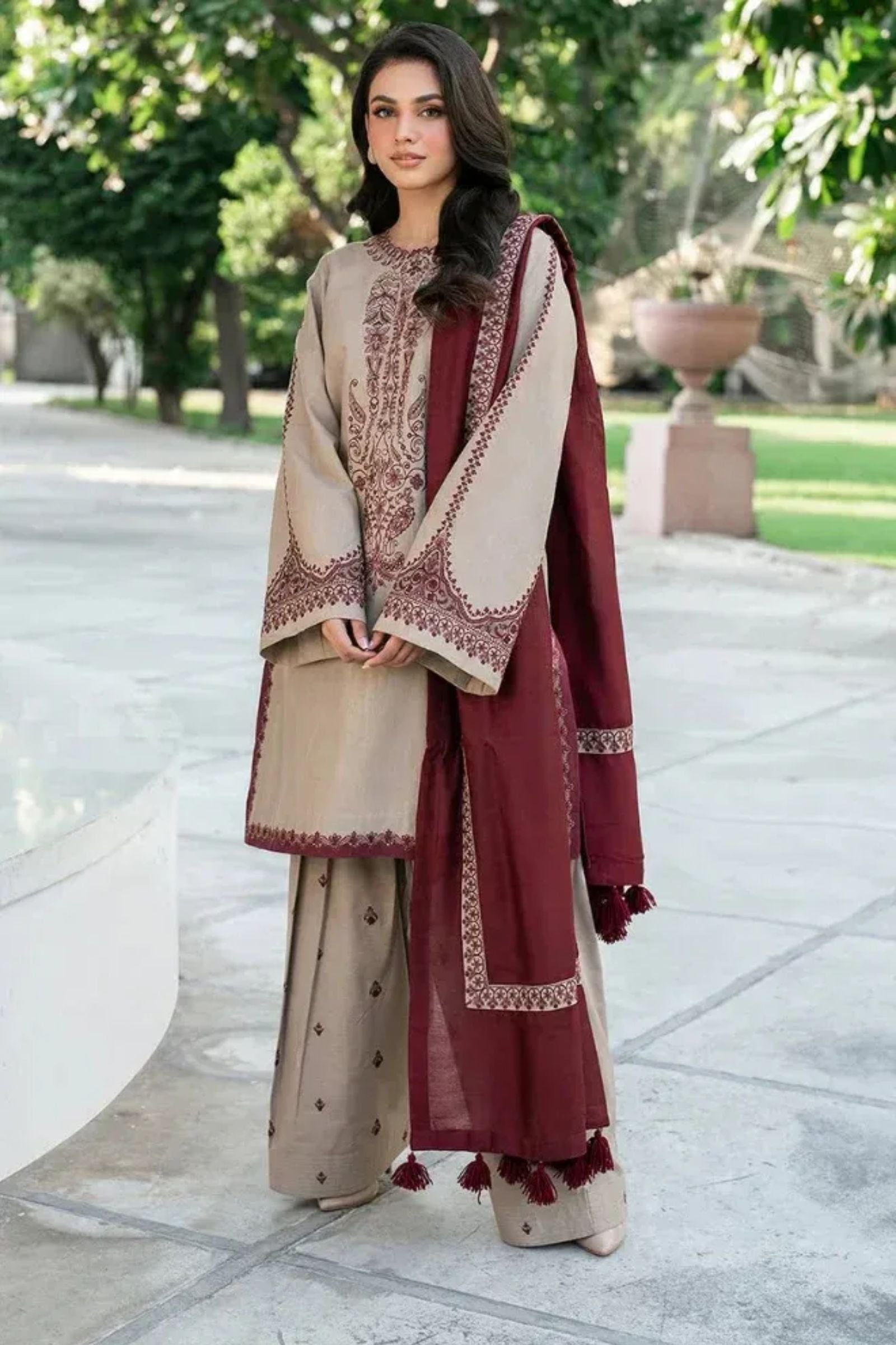 BAREEZE - 3PC LAWN EMB SHIRT WITH MONARK PRINTED DUPATTA AND DYED TROUSER - EL228