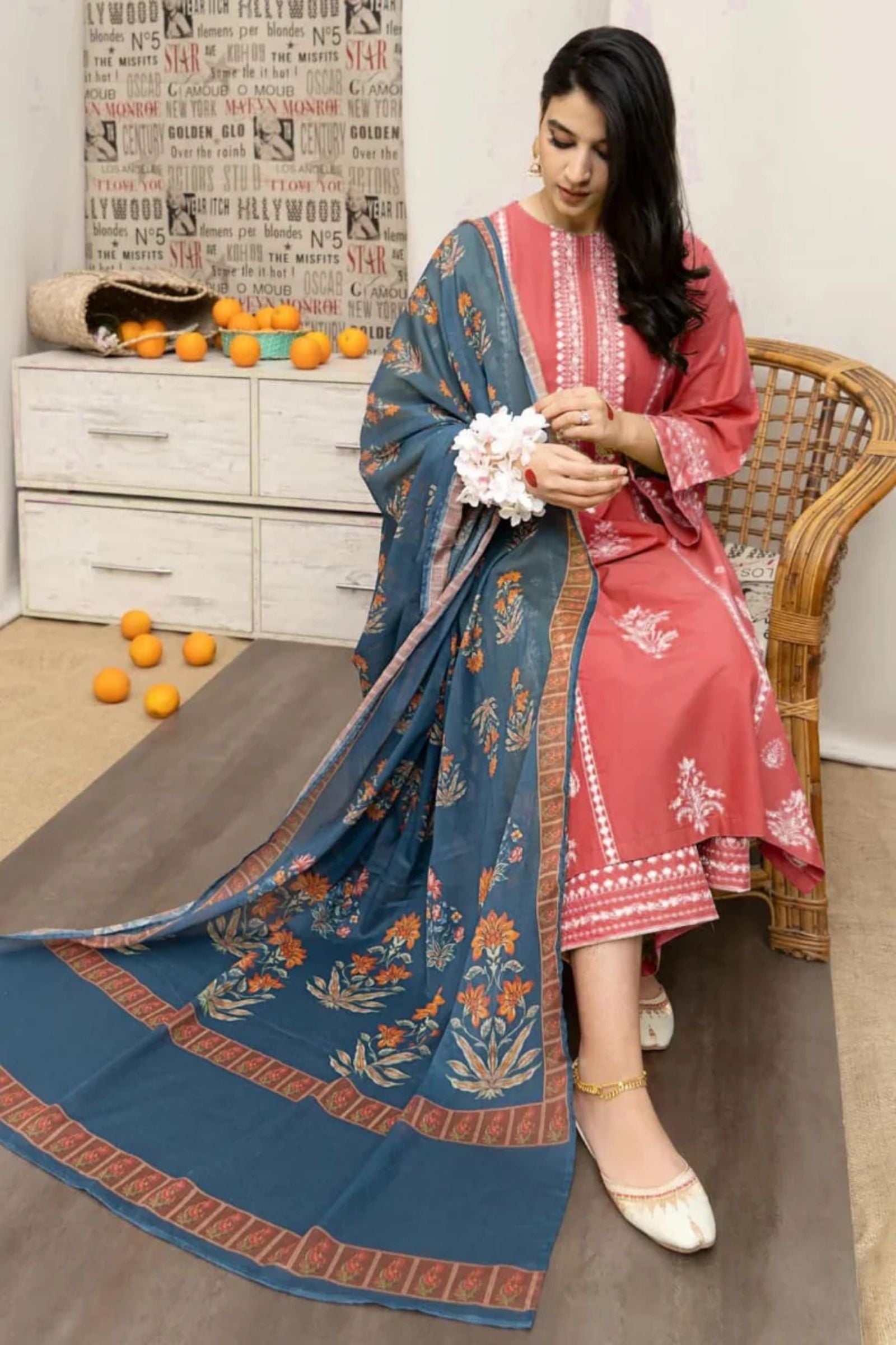 URGE - 3PC LAWN EMB SHIRT WITH MONARK PRINTED DUPATTA AND DYED TROUSER - EL120