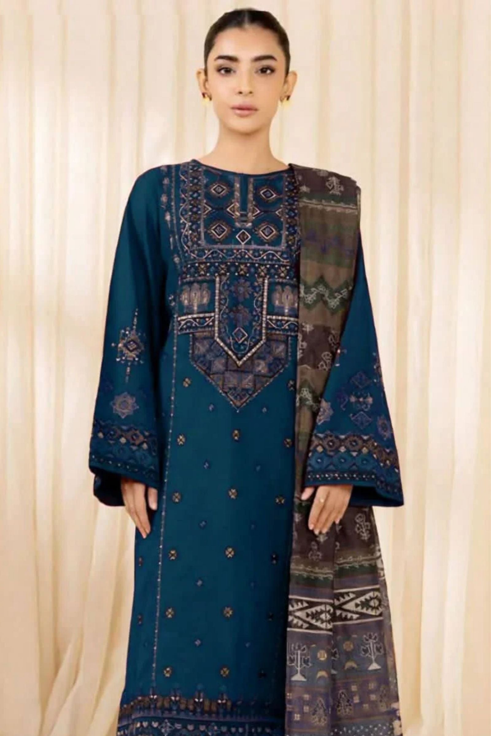 SAPPHIRE- 3PC LAWN EMB SHIRT WITH MONARK PRINTED DUPATTA AND DYED TROUSER - EL316