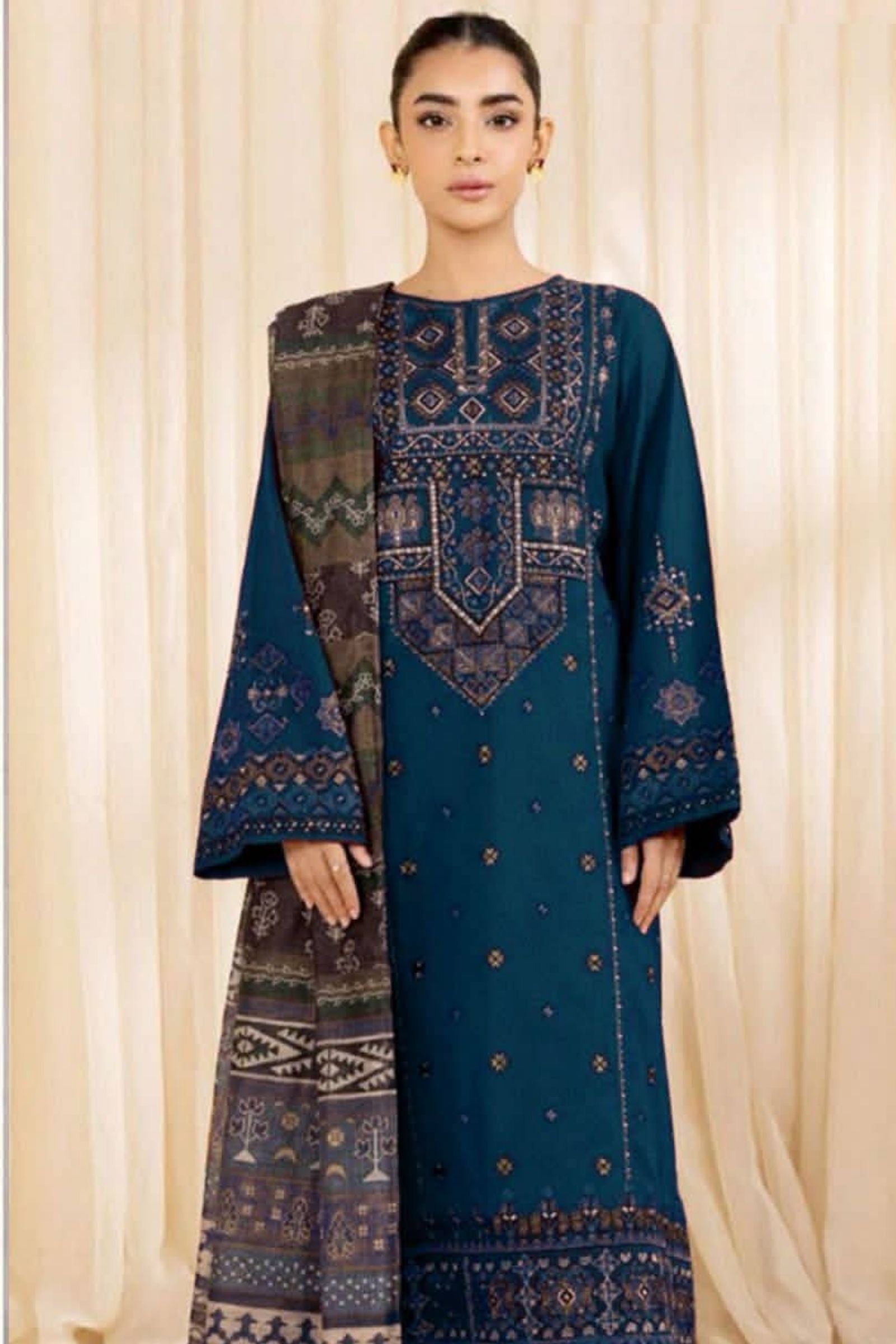 SAPPHIRE- 3PC LAWN EMB SHIRT WITH MONARK PRINTED DUPATTA AND DYED TROUSER - EL316