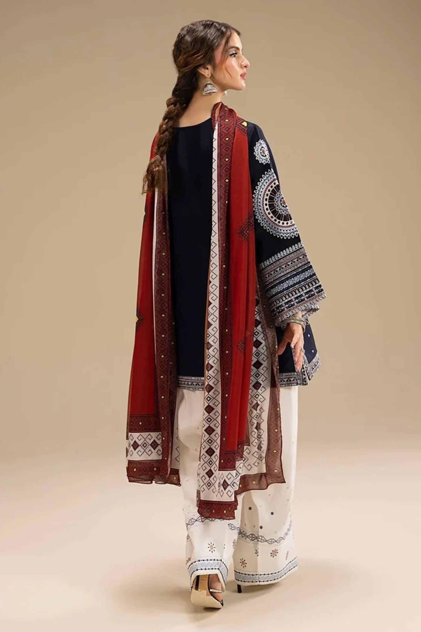 JAZMIN - 3PC LAWN EMB SHIRT WITH MONARK PRINTED DUPATTA AND DYED TROUSER - EL203