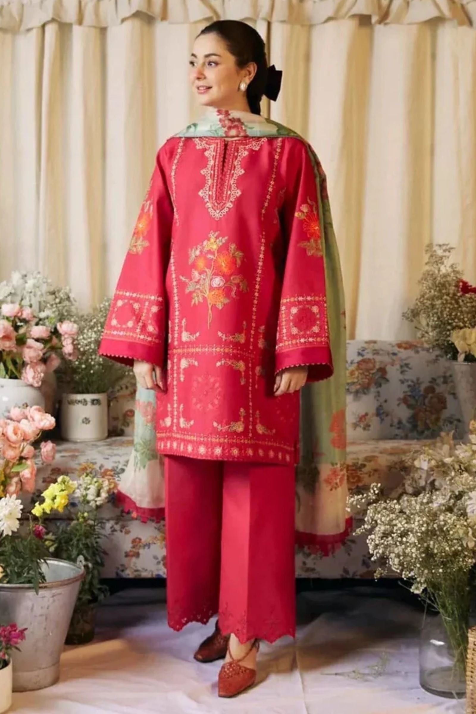 COCO - 3PC LAWN EMB SHIRT WITH MONARK PRINTED DUPATTA AND DYED TROUSER - EL1012