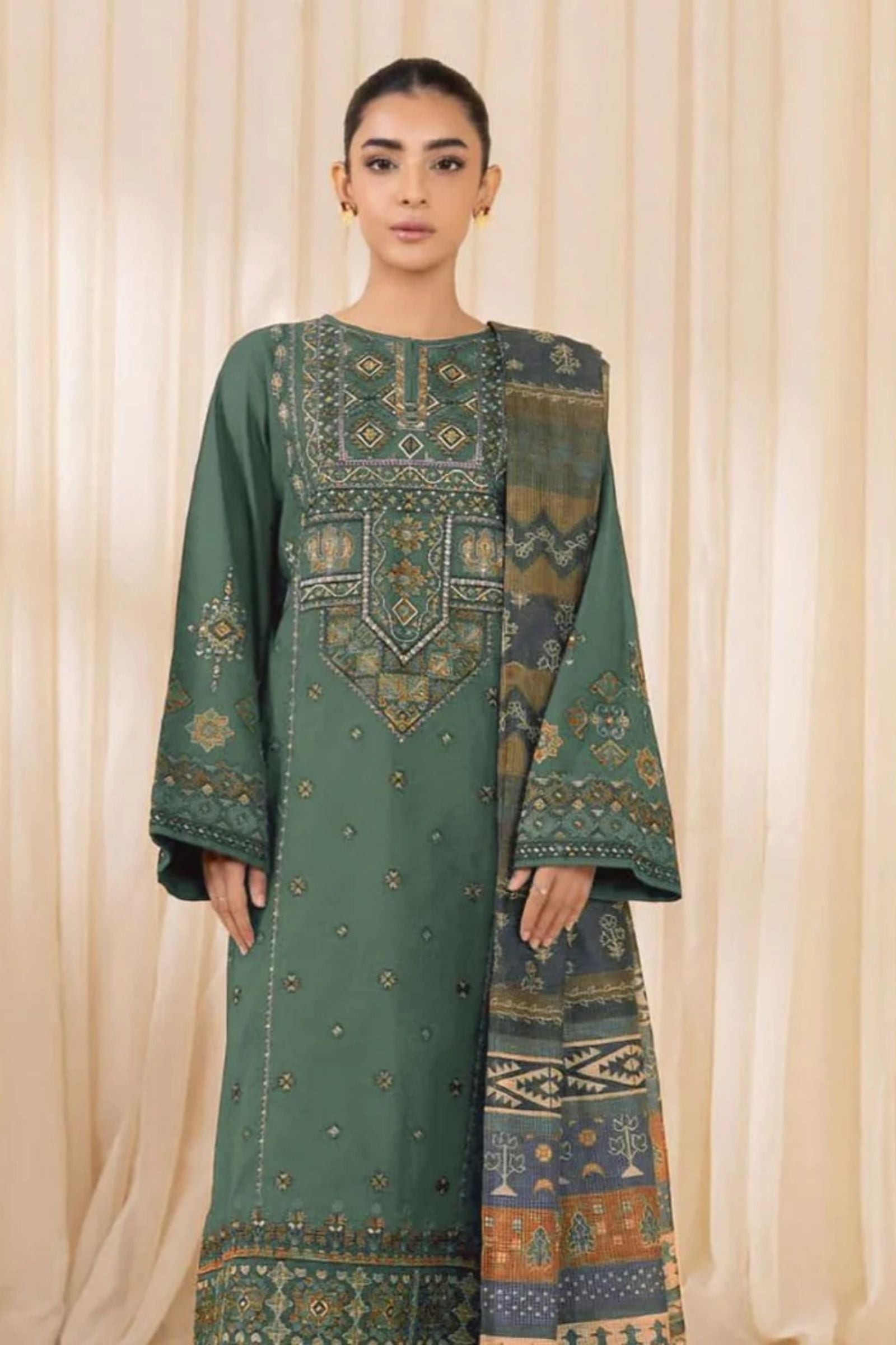 SAPPHIRE- 3PC LAWN EMB SHIRT WITH MONARK PRINTED DUPATTA AND DYED TROUSER - EL316