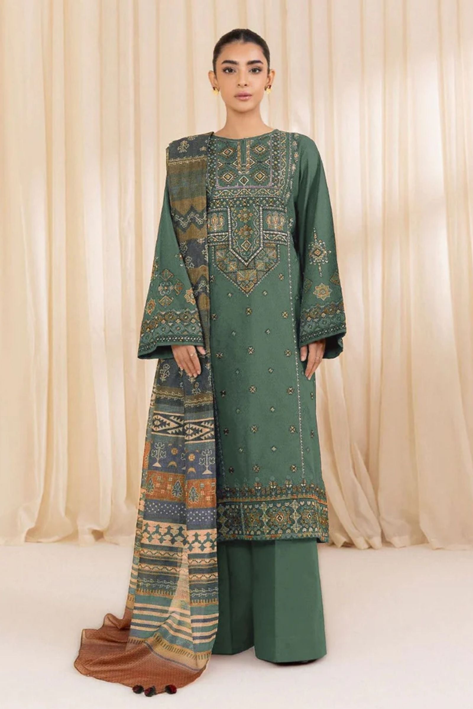 SAPPHIRE- 3PC LAWN EMB SHIRT WITH MONARK PRINTED DUPATTA AND DYED TROUSER - EL316