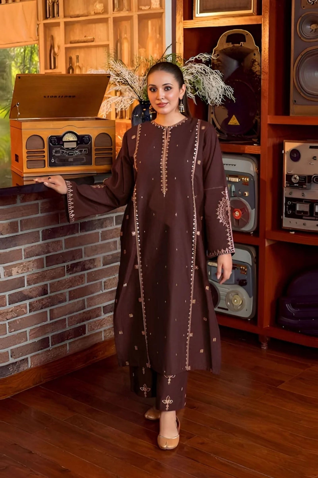 URGE - 2PC LAWN SEQUIN EMB SHIRT WITH LAWN EMB TROUSER - D 74