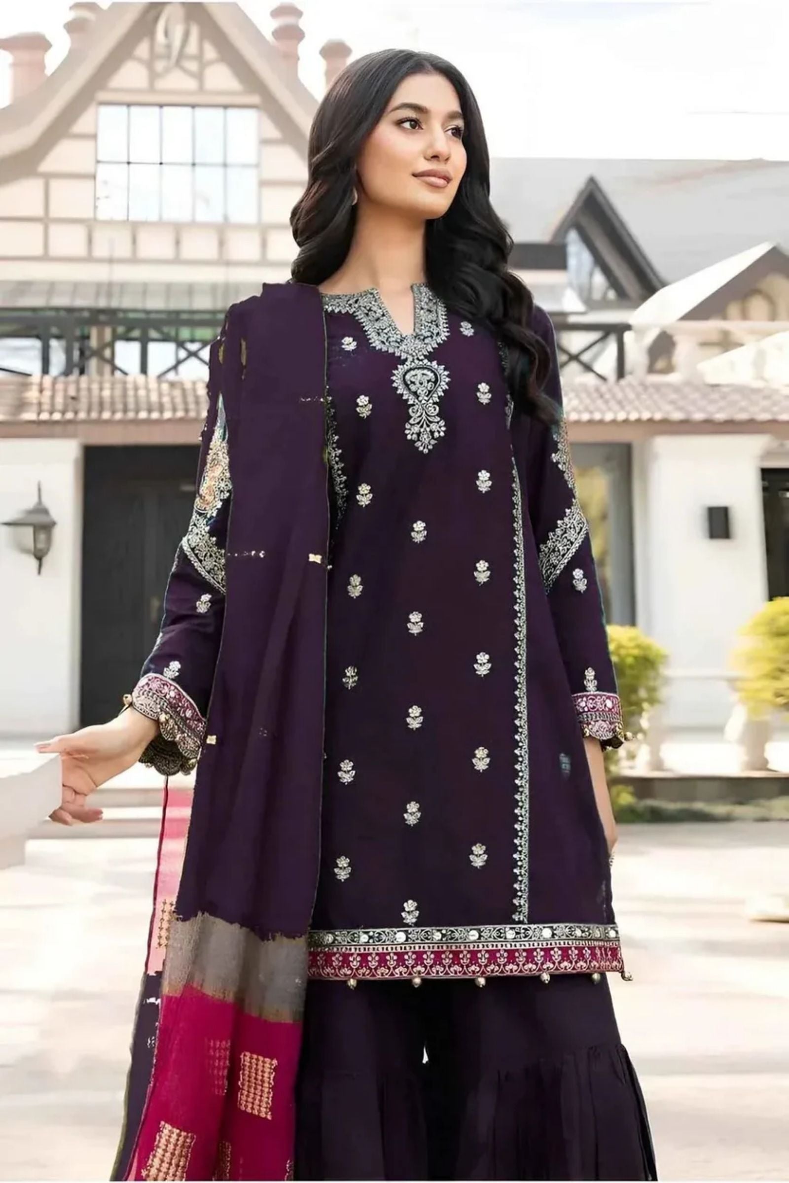MARIA.B - 3PC LAWN EMB SHIRT WITH MONARK PRINTED DUPATTA AND DYED TROUSER - EL107