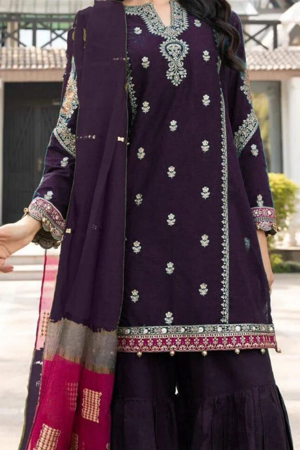 MARIA.B - 3PC LAWN EMB SHIRT WITH MONARK PRINTED DUPATTA AND DYED TROUSER - EL107