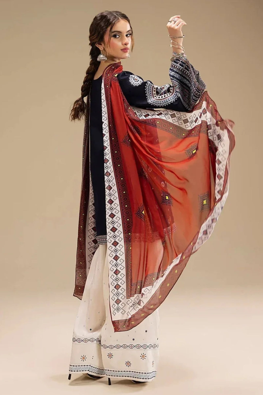 JAZMIN - 3PC LAWN EMB SHIRT WITH MONARK PRINTED DUPATTA AND DYED TROUSER - EL203