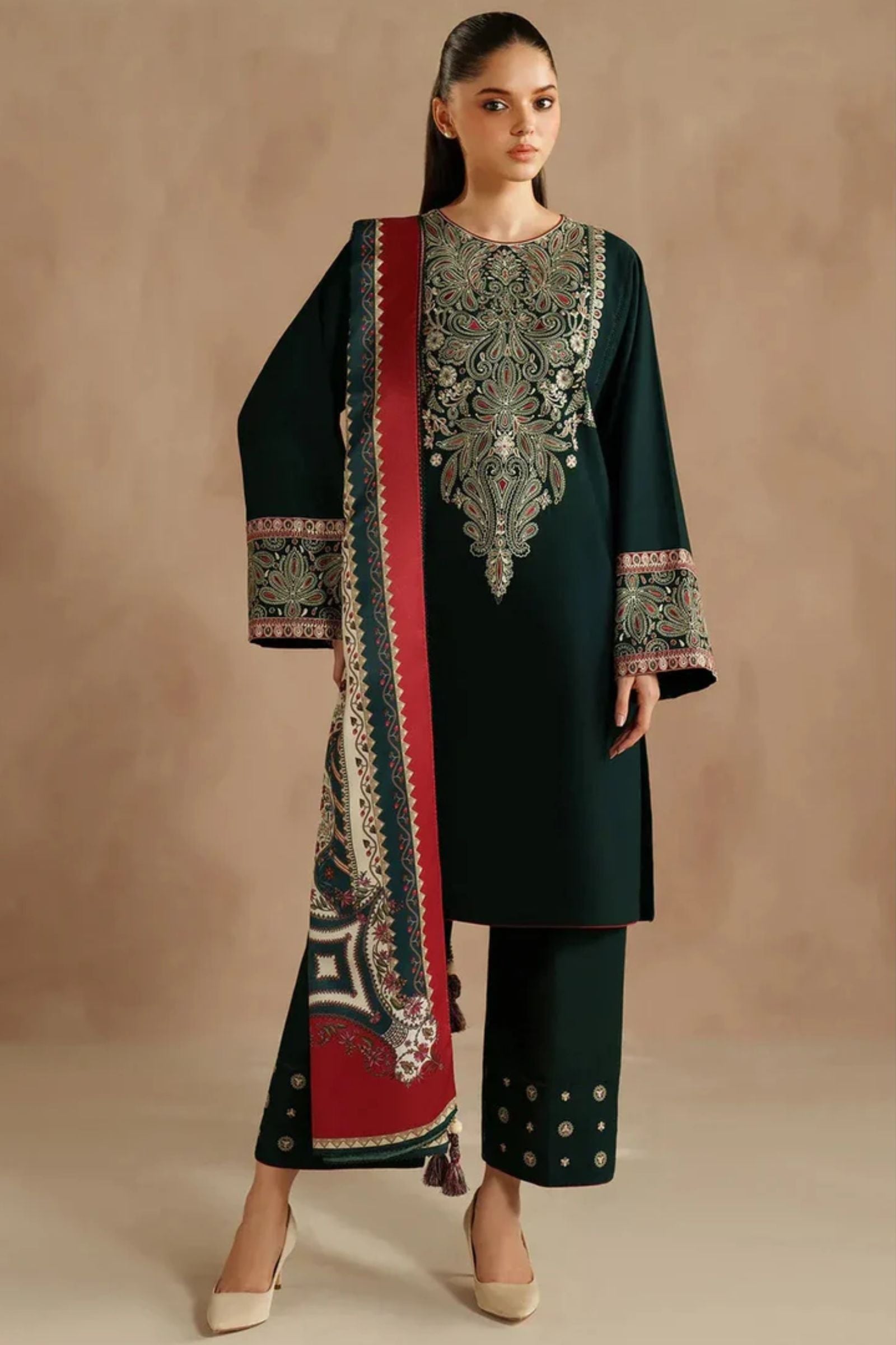 JAZMIN - 3PC LAWN EMB SHIRT WITH MONARK PRINTED DUPATTA AND DYED TROUSER - EL336