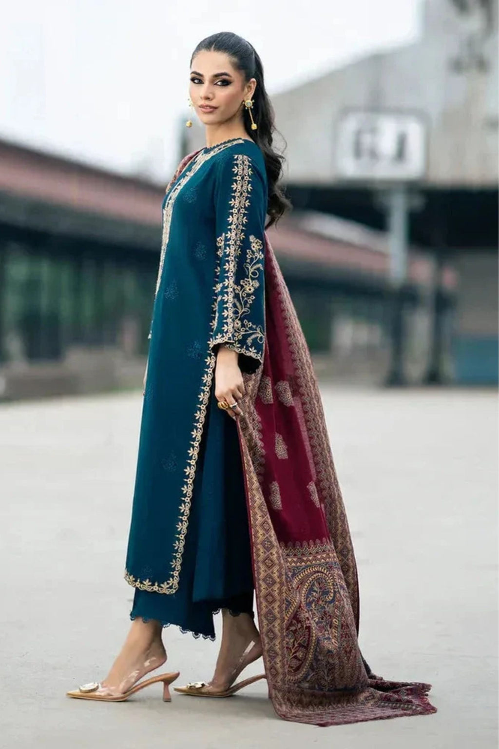 JAZMIN - 3PC LAWN EMBROIDERED SHIRT WITH MONARK PRINTED DUPATTA AND DYED TROUSER - EL320