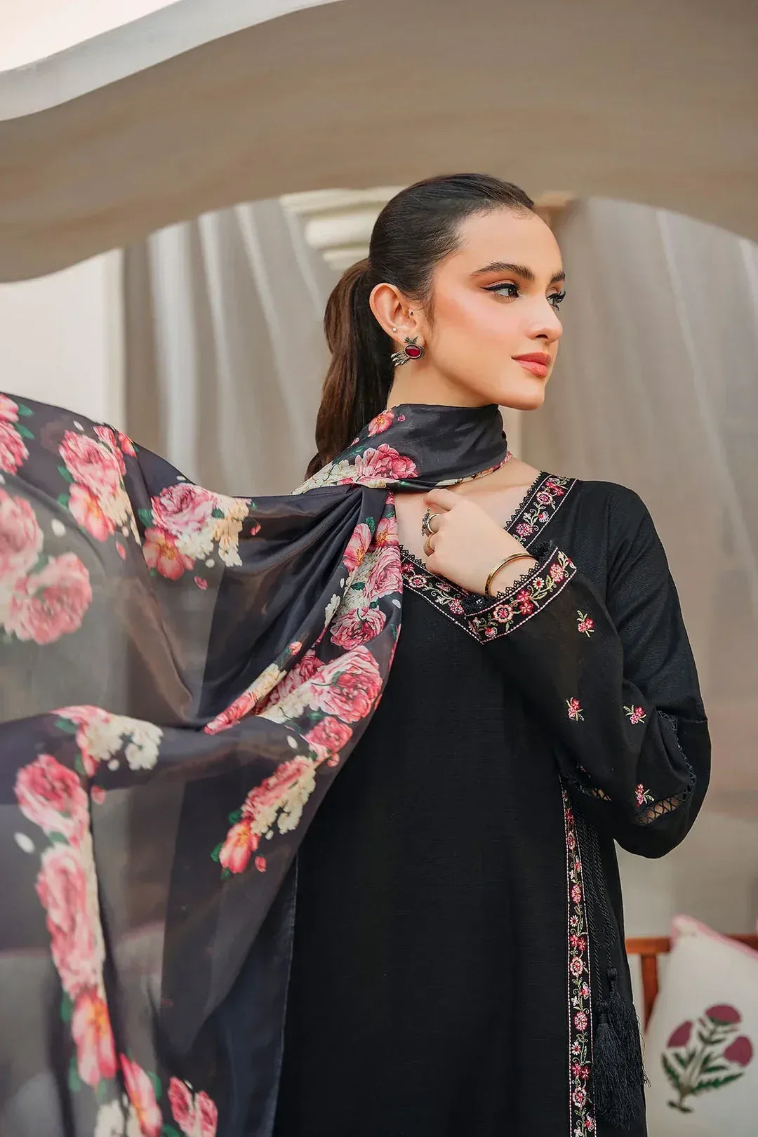 IZEL - 3PC LAWN EMB SHIRT WITH MONARK PRINTED DUPATTA AND DYED TROUSER - EL167