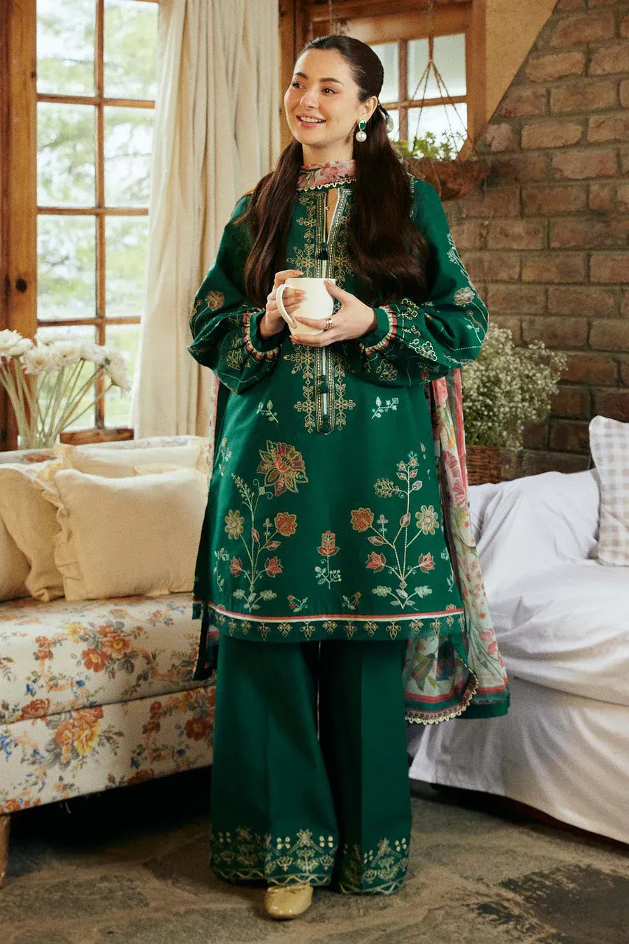 COCO - 3PC LAWN EMB SHIRT WITH MONARK PRINTED DUPATTA AND DYED TROUSER - EL
