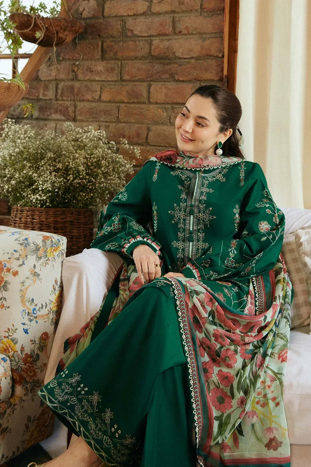 COCO - 3PC LAWN EMB SHIRT WITH MONARK PRINTED DUPATTA AND DYED TROUSER - EL