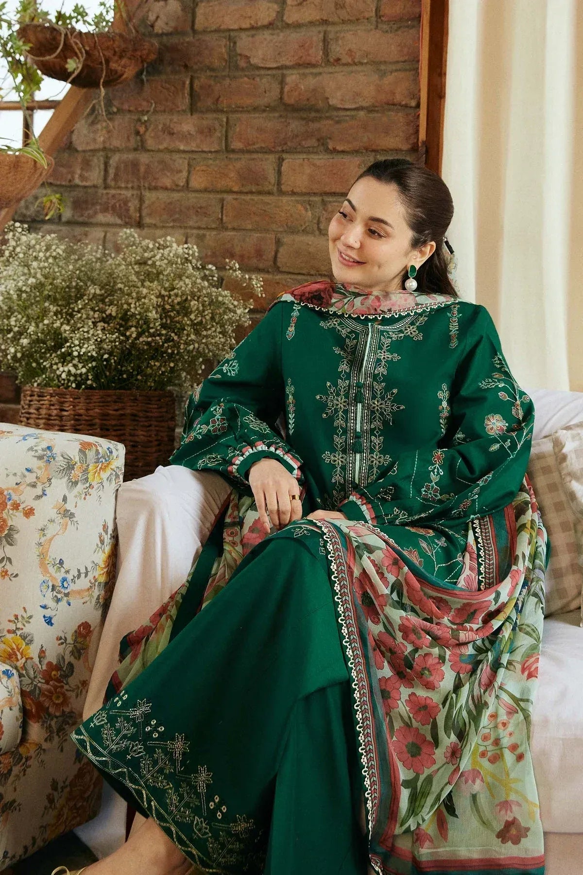 COCO - 3PC LAWN EMB SHIRT WITH MONARK PRINTED DUPATTA AND DYED TROUSER - EL