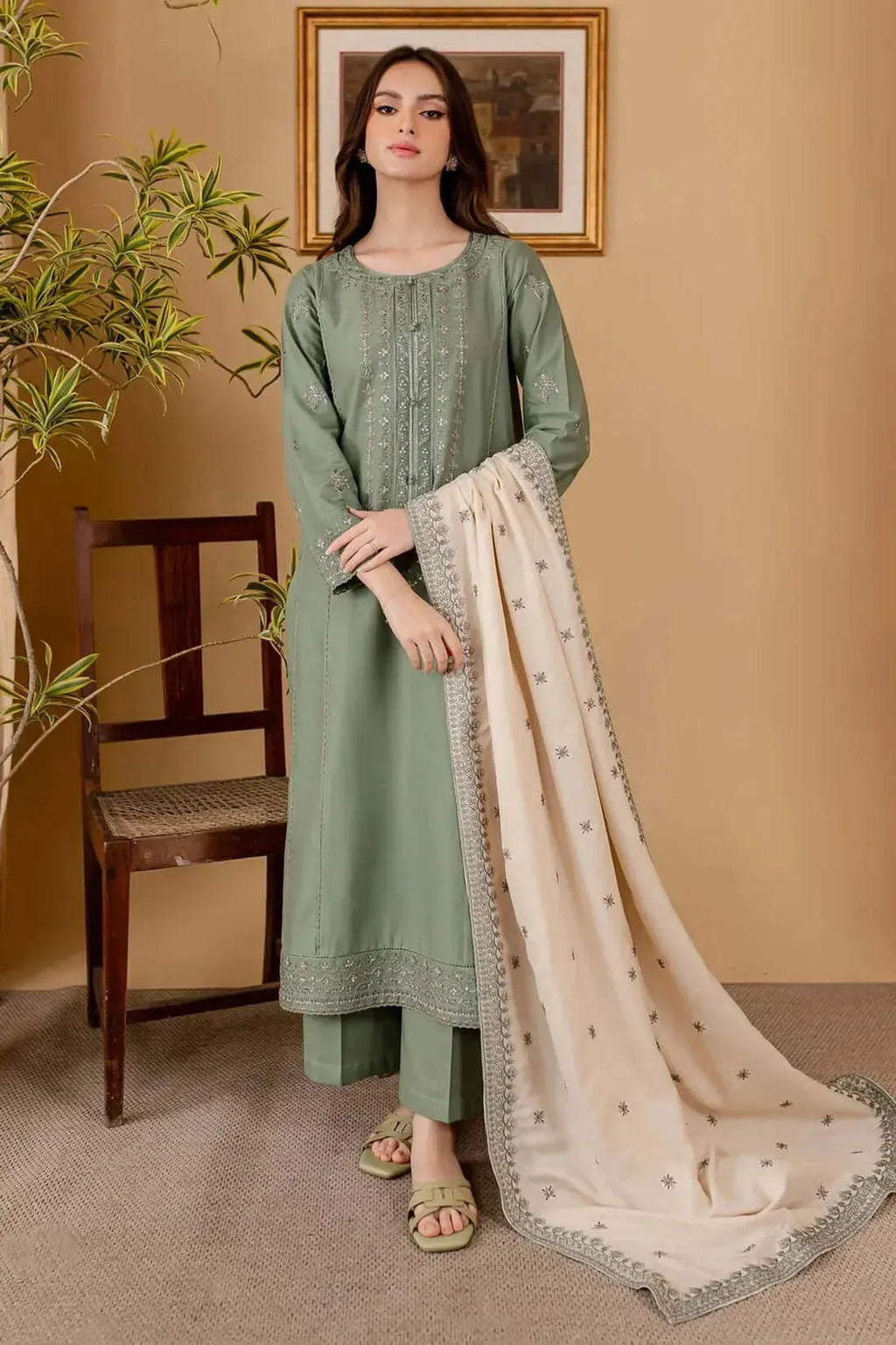 JAZMIN - 3PC LAWN EMB SHIRT WITH LAWN EMB DUPATTA AND DYED TROUSER - EL210
